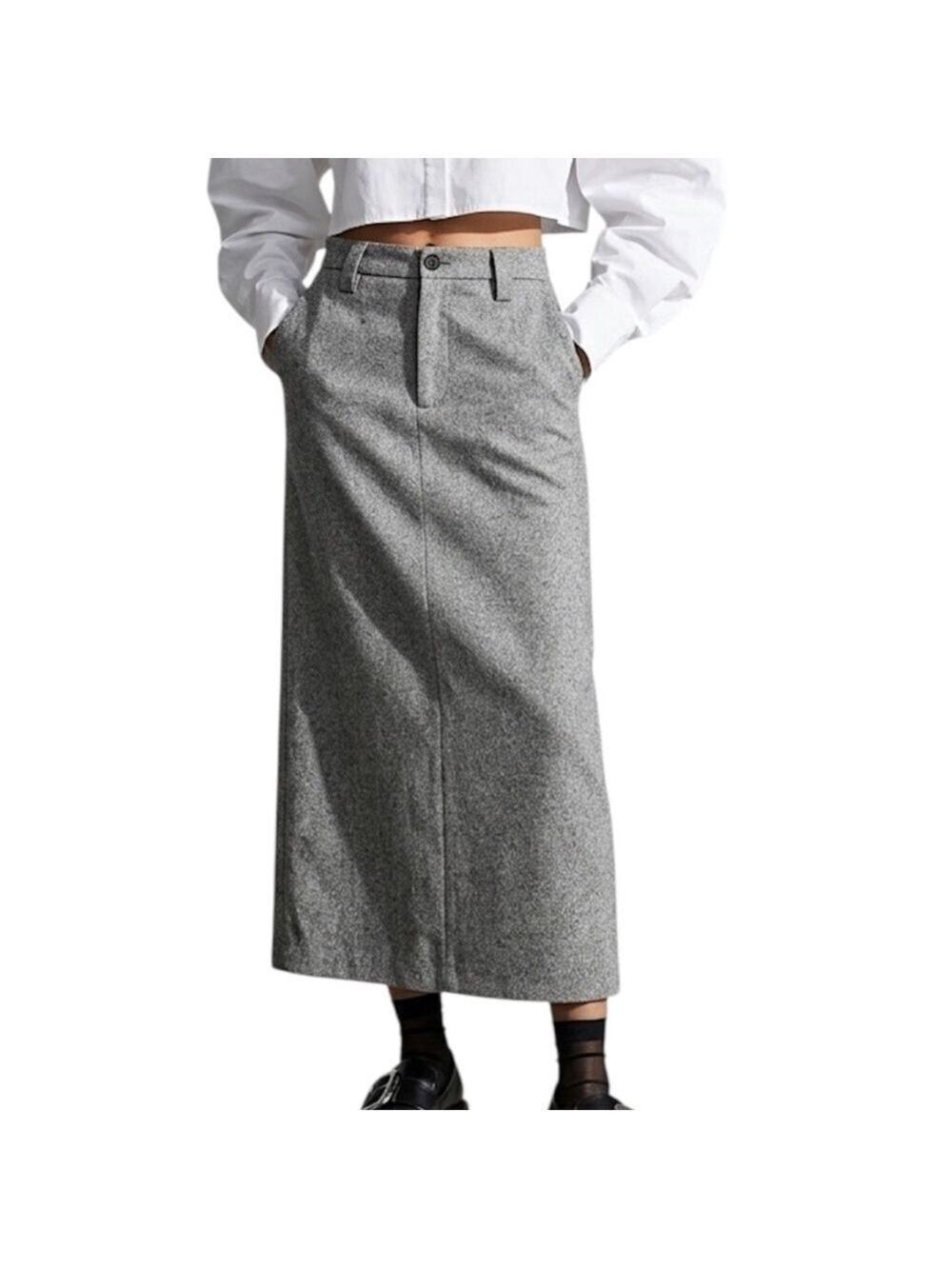 Vintage 90s minimalist wool blend black white straight tweed maxi skirt 6 - Picture 3 of 17